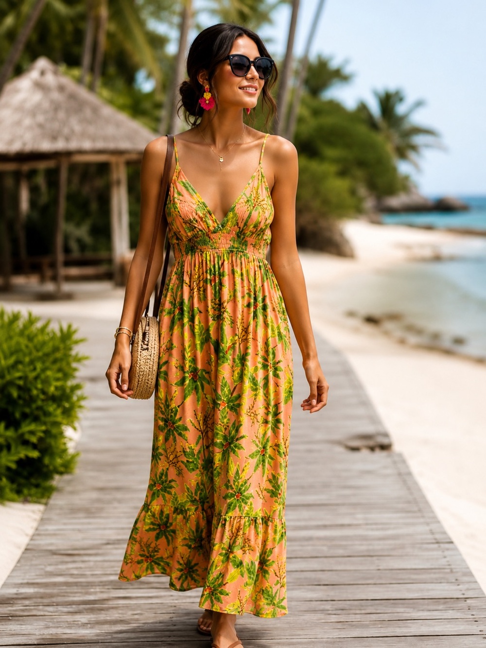 Monteau Peach Maxi Dress with Green Tropical Print